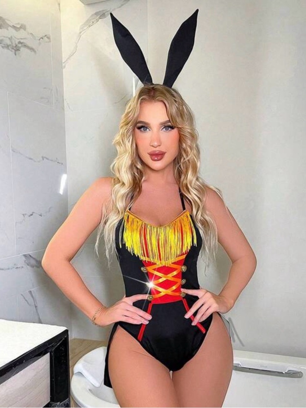 Black One-Piece Bunny Costume with Yellow Fringe and Red Lace-Up
